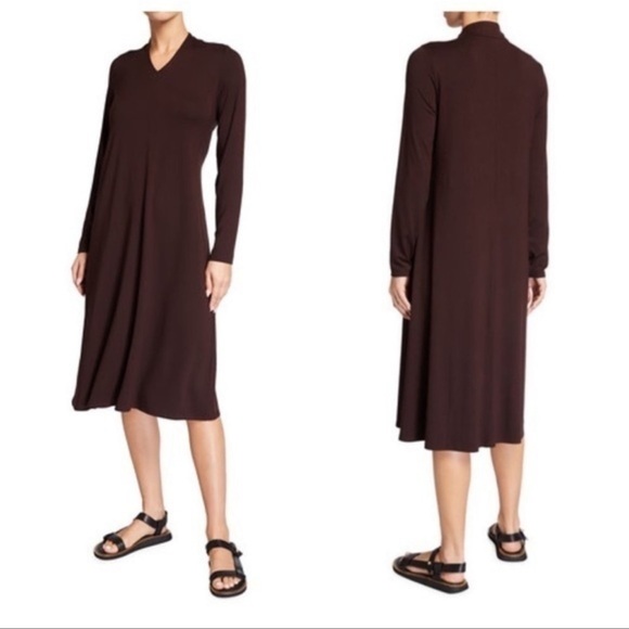 Eileen Fisher Brown V Neck Midi Dress XS - Picture 1 of 12